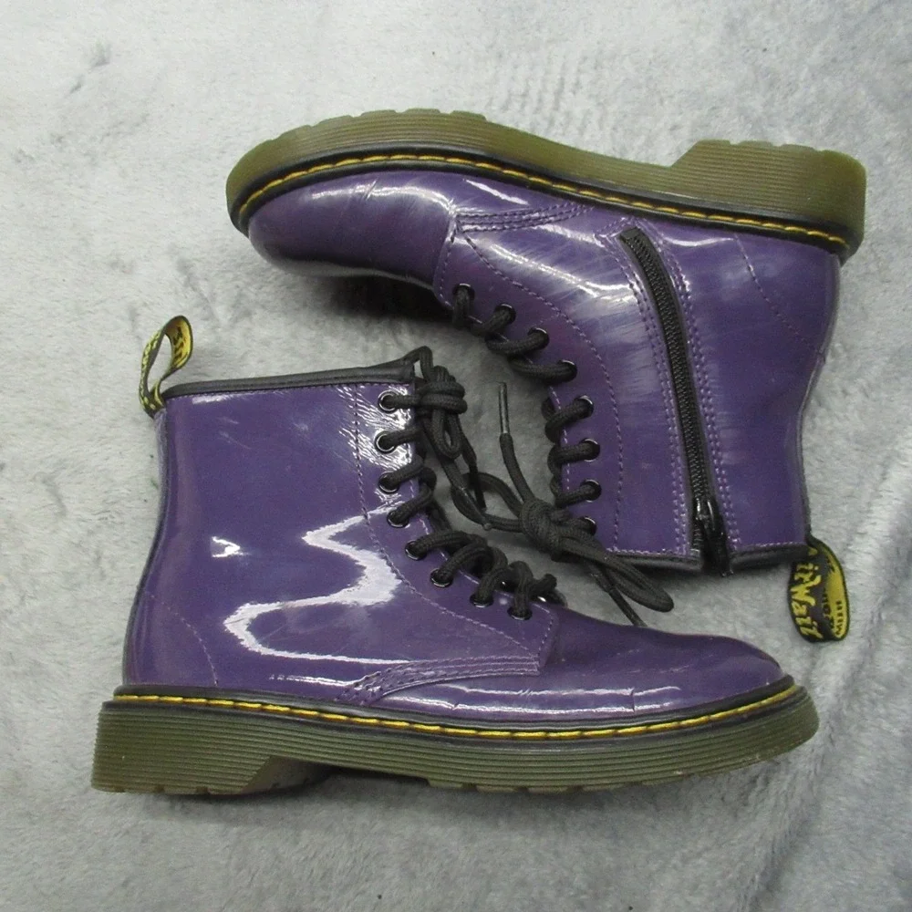 Dr Martens Boots Youth 2 Purple Leather Combat Side Zip CHunky Glossy Waterproof